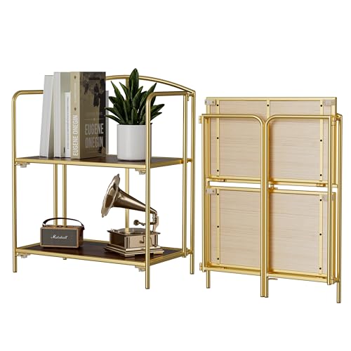 Crofy No Assembly Folding Bookshelf for Living Room, 2 Tier Gold Collapsible Book Shelf for Home Office, Portable Bookcase Storage Organizer - color: Gold Frame & Walnut Shelf, size: 2 Tier