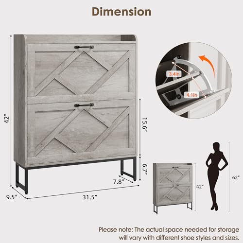 Nicetree Shoe Storage Cabinet with 2 Flip Drawers, Freestanding Shoe Organizer, Shoe Cabinet with Metal Legs, Narrow Shoe Rack Cabinet, Farmhouse Slim Shoe Cabinet for Entryway, Hallway, Rustic Gray - color: Grey, style: 2-Drawers