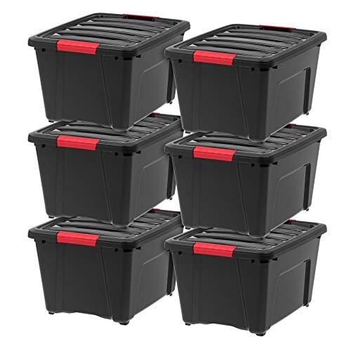 IRIS USA 32 Qt Stackable Plastic Storage Bins with Lids, 6 Pack - BPA-Free, Made in USA - Garage Organizing Solution, Latches, Durable Nestable Containers, Secure Pull Handle - Black - size: 32 Qt, style: 6 Pack
