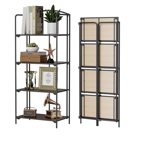 Crofy No Assembly Folding Bookshelf for Living Room, 4 Tier Black Collapsible Book Shelf for Home Office, Portable Bookcase Storage Organizer - color: Black Frame & Walnut Shelf, size: 4 Tier