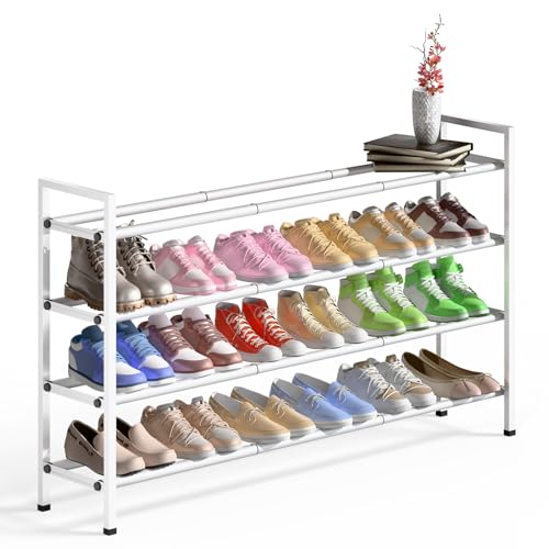 Bumusty 4-Tier Long Expandable Shoe Rack for Closet, 18"-44" Adjustable Shoe Rack for Entryway, 20-24 Pairs Large Shoe Organizer Shelf Storage, Sturdy Metal, White - color: White, size: 4-Tier