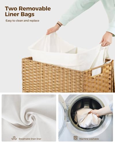 Greenstell Laundry Hamper with Wheels, No Install Needed, 90L Divided Handwoven Hampers & 2 Removable Liner Bags, Synthetic Rattan Clothes Laundry Basket with Lid & Handles, Foldable Hampers Natural - color: Natural, size: 90L: 18.3x13.5x26.4 Inches