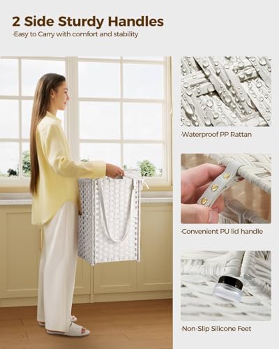 Greenstell Laundry Hamper with Wheels, No Install Needed, 110L Divided Handwoven Hampers & 2 Removable Liner Bags, Rattan Clothes Laundry Basket with Lid & Handles, Foldable Hampers White - color: White, size: 110L: 22.0x13.5x26.4 Inches