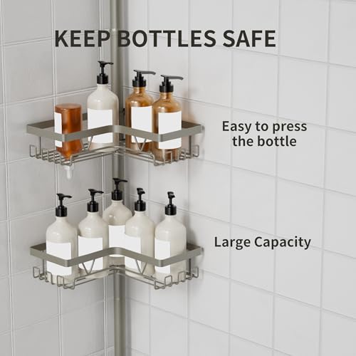 KEGII Shower Caddy Tension Pole, 4-Tier Rustproof Adjustable Corner Bathroom Organizer for Renters, 25–114.2 Inch No Drill Space-Saving Shower Storage Rack, Silver Gray - style: Tension Caddy（Silver Gray）