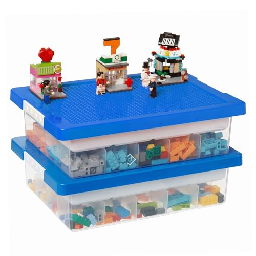 MACOPRO Toys Storage Organizer Box for Lego, Toy Box with Building Plate Lid and Removable Tray, Building Block Storage, Stackable Plastic Organizer Bins (Blue-2Pack) - color: Blue-2Pack