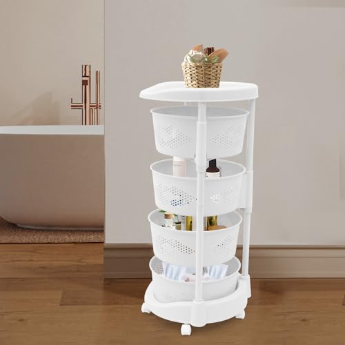 Multi-Layer Vegetable Rotating Basket Rack, Fruit Snack Storage Kitchen Organizer, White Storage Cart, Fruit Basket for Kitchen with 5 Lockable Casters, Vegetable Rack (4 Tiers) - size: 4 Tiers