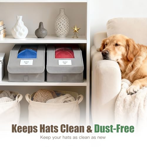 Hat Organizer for Baseball Caps, 4 Pack Stackable Hat Storage Boxes with Clear Window, Holds up to 56 Caps, Foldable Hat Organizer for Closet & Shelf, Grey