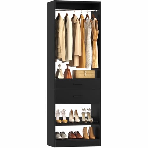 Unikito 25" W x 80" H Closet Organizer Storage with Hanging Rod and 2 Wooden Drawer, Adjustable Angled Shoes Rack, Sturdy Garment Racks, Walk-in Closet Tower for Bedroom, Mudroom, and Entryway, Black - color: Black, size: 25 Inch