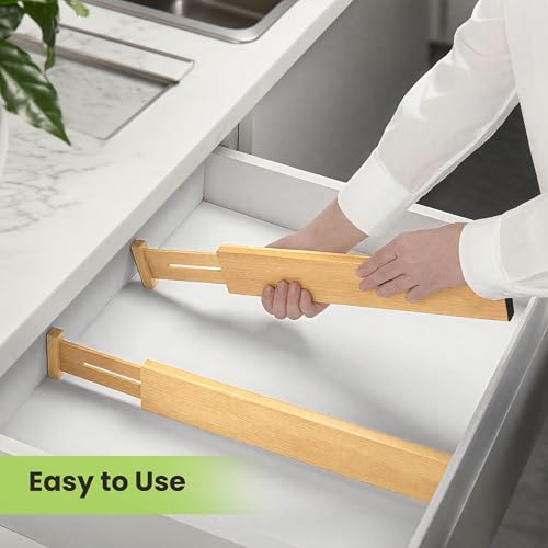 Fyvva Drawer Divider, Adjustable Bamboo Kitchen Drawer Organizer, Spring Loaded Drawer Organizer, Dresser Separators for Kitchen, Bathroom, Clothes, Office Desk Storage (Natural, 4 Pack Large) - size: 4 Pack Large