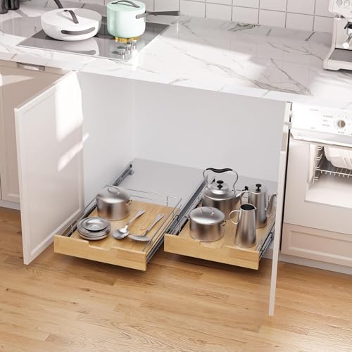 Sikarou Pull Out Cabinet Organizer,Heavy-Duty Slide Out Shelf, Wood And Wire Basket, Pull Out Drawer for for Kitchen Under Sink Space, Pantry, Bathroom (11 * 21 WM) - size: 1-TIE 11*21 WM