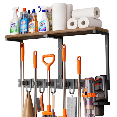 Supforce Broom Holder Wall Mount with Top Wooden Shelf, Heavy Duty Metal Cleaning Supplies Broom Hanger with Vacuum Organizer and 5 Slots & 5 Hooks for Laundry Garage Tool Storage Kitchen (Large) - size: Large