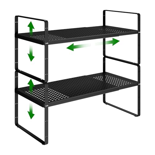 Expandable Kitchen Cabinet Shelf Organizer Rack Heavy Duty Metal Spice Rack Stackable Kitchen Counter Storage Shelf for Kitchen Cabinet Pantry Bathroom (Black - 16.5"-27" L x 8" W x 9.6" H - 2Pack) - color: Black - 16.5"-27" L x 8" W x 9.6" H - 2Pack