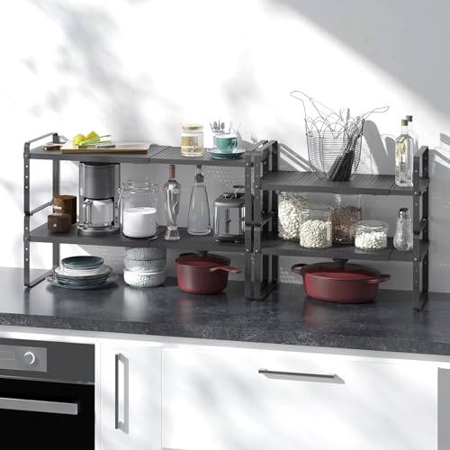 Expandable Cabinet Shelf Organizer Adjustable Metal Spice Rack Stackable Freestanding Counter Storage Shelves for Kitchen Cabinet Under Sink Office Desk (Black - 3Pack - L16.5-27'' * W10.2'' * H9.6'') - color: Black - 3pack - L16.5-27'' * W10.2'' * H9.6''