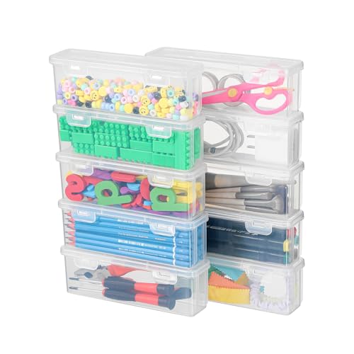 10 Pack Clear Plastic Pencil Case Boxes - Narrow Stackable Storage Organizers with Snap Lids for Pens, Markers, Makeup Brushes, Art Supplies, Beads, Jewelry, School Office Use, Rectangular Narrow - size: Clear Rectangular Narrow - 10 Pack