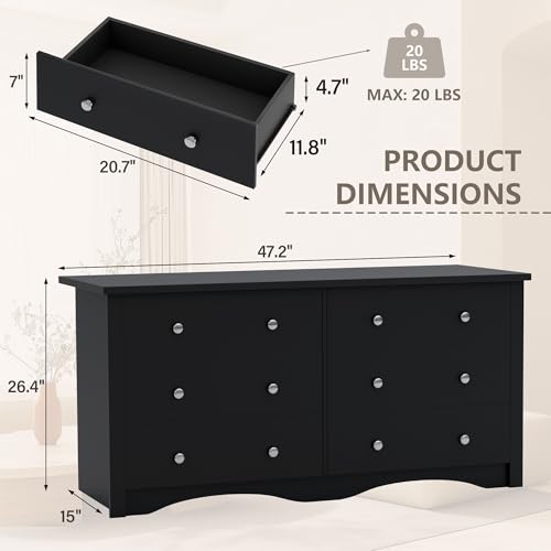 YESHOMY Black Dresser for Bedroom,6 Drawer Dressers, Storage Chest of Drawers for Hallway,Living Room, Entryway - color: Dark Black