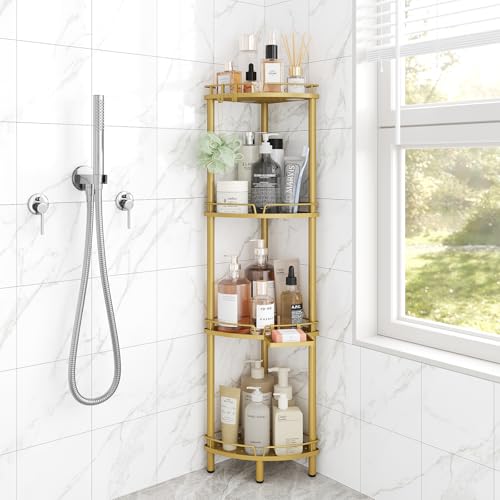 ELYKEN Corner Shower Caddy Standing, 4 Tier Rustproof Metal Shower Organizer with Soap Holder, Floor Shower Corner Shelf Rack Storage Stands with Adjustable Feet & 2 Hooks for Bathroom, Gold - color: Gold, size: 4 Tier