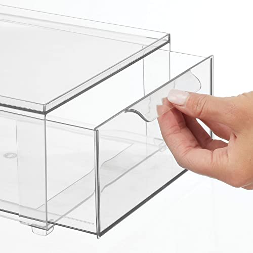 mDesign Plastic Stackable Bathroom Storage Organizer Bin Containers with Front Pull Drawer for Bathroom Countertop, Vanity, Closet Shelves - Holder for Accessories, Lumiere Collection, Set of 3, Clear - size: Mixed Sizes (Pack of 3)