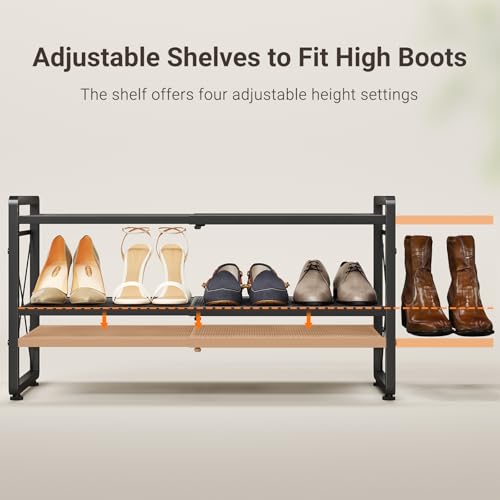 ELYKEN Shoe Rack, 2-Tier Expandable Shoe Organizer for Entryway, Metal Black Shoe Shelf with 4 Hooks, Ajustable Shoe Stand Holder for Closet, Garage, Door Entrance - size: 2-Tier