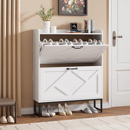Nicetree Shoe Cabinet with 2 Flip Drawers, Freestanding Shoe Organizer, Shoe Cabinet with Metal Legs, Narrow Shoe Rack Cabinet for Entryway, Foyer, Hallway, White - color: Alabaster, style: 2-Drawers