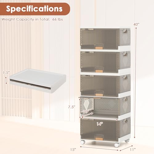 Giantex 5 Tier Stackable Storage Bins with Lids, 22.5 Gal Foldable Shoe Storage Box with Detachable Wheels & Flip-Up Doors, Collapsible Closet Organizers and Storage Bins - size: 22.5Gal-5Pack