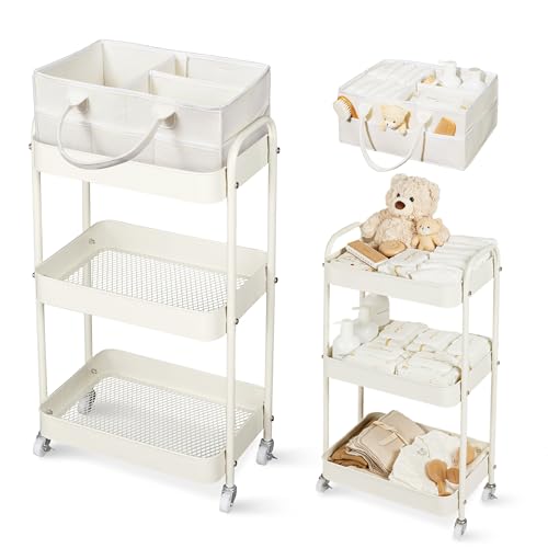 Fortella Baby Diaper Caddy, 3 Tier Rolling Storage Cart for Baby Essentials, Diaper Cart with Detachable Dividers, Storage Organizer & Baby Bottle Organizer for Bedroom, Living Room (Beige)