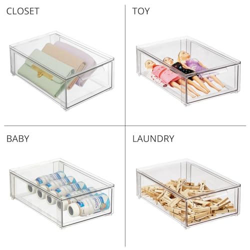 mDesign Plastic Stackable Bathroom Storage Organizer Bin Containers with Front Pull Drawer for Bathroom Countertop, Vanity, Closet Shelves - Holder for Beauty Accessories - Lumiere Collection - Clear - size: 8 x 12 x 4 (Pack of 1)
