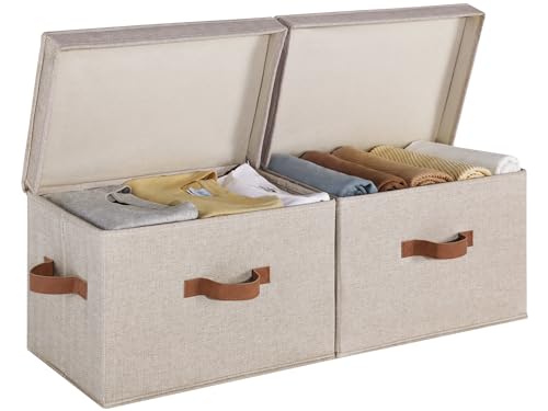StorageWorks Fabric Storage Bins with Lid, Decorative Storage Boxes for Shelves, Stackable Closet Organizer Basket with Handles, Large, Brown and Beige, 2-Pack - color: Brown and Beige, size: Large