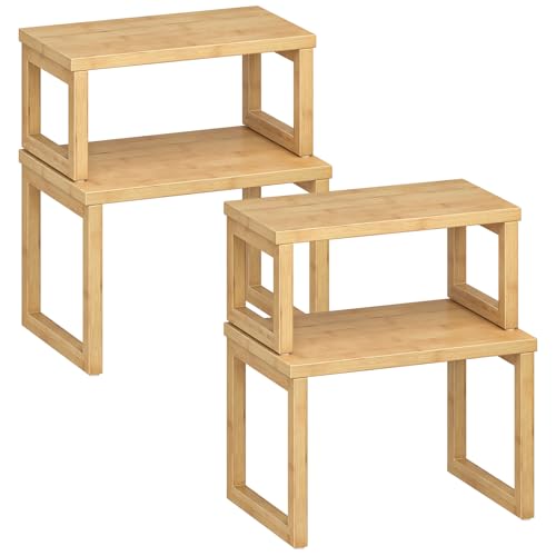HOOBRO Cabinet Organizer Shelf, Set of 4 Kitchen Counter Shelves, Expandable Kitchen Storage, Stackable Bamboo Spice Rack, for Countertop, Office Desk, Living Room, Natural YL20TLP201 - color: Natural