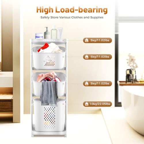 TFCFL 3-Tier Laundry Hamper Sorter Laundry Basket with Wheels, Rolling Laundry Hamper Cart with Wheels, Removable Rolling Laundry Baskets, Bathroom Cart for Dirty Clothes