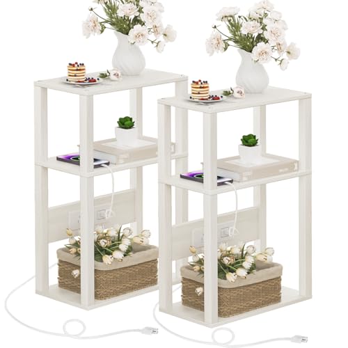 YUFAM 3 Tier Small Narrow Bamboo Side Table Set of 2 with Charging Station - Skinny Nightstand for Small Spaces, Slim Bedside Table with USB Ports and Outlets - Thin End Table with Storage, Grey White - color: Grey White, size: 2 Pack