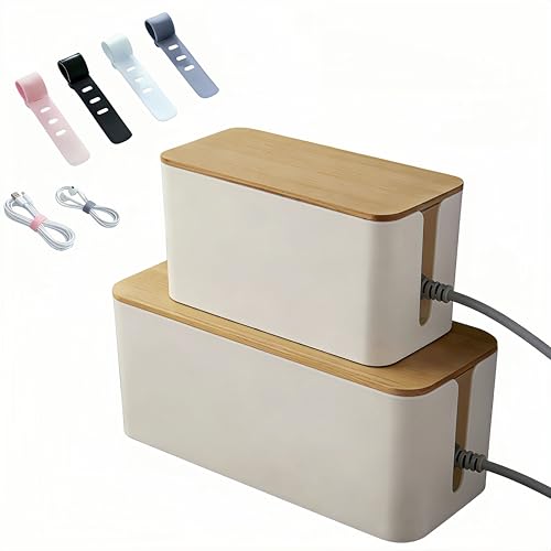 1 Large + 1 Small Cable Management Box Set – 2-Piece Cord Organizer Box, Home Office Desk Wire Storage & Cable Management Solution (Bamboo Lid/White) - color: Bamboo Lid/White