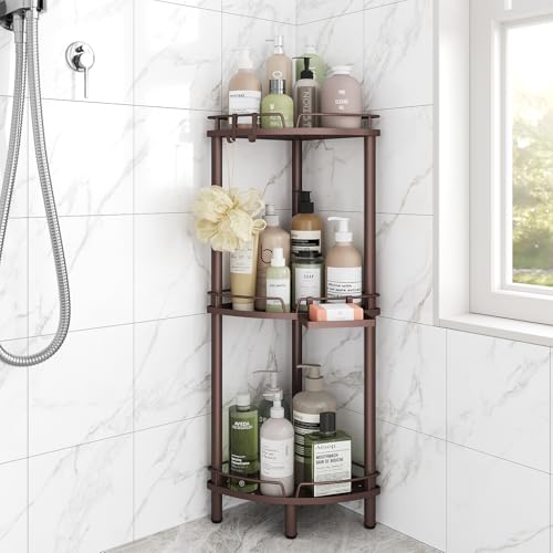 ELYKEN Corner Shower Caddy Standing, 3 Tier Rustproof Metal Shower Organizer with Soap Holder, Floor Shower Corner Shelf Rack Storage Stands with Adjustable Feet & 2 Hooks for Bathroom, Bronze - color: Bronze, size: 3 Tier