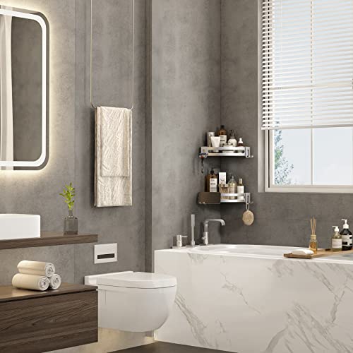 VOLPONE Corner Shower Shelves with Hooks Shower Storage Rack Rustproof Tub Organizer Drill Free (adhesive mounting, no suction cup) Shampoo Holder Wall Mount Corner Shower Caddy (3-Pack, Silver) - style: Without Suction Cup Triangle with Hooks 3 Tier Silv
