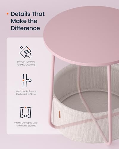 SONGMICS HOME Small Side Table, Round End Table, 2 Tier Nightstand with Basket, U Shaped Steel Legs, Easy Assembly, for Living Room, Bedroom, Pink and White - color: Pink + White, size: 1 pack