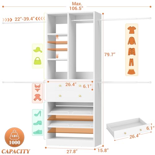 Besiost Closet System, 4.2–8.8 FT Closet Organizer with 2 Wooden Drawers and Shelves, Walk-in Closet System with 5 Hang Rods, Built-in Reach in Closet Tower, Can Fit 60 to 96 inch, White - color: White