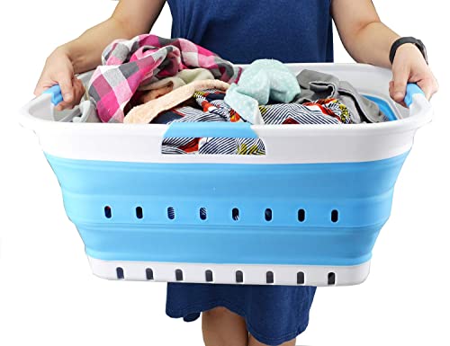 SAMMART 42L (11 gallon) Collapsible Plastic Laundry Basket - Foldable Pop Up Storage Container/Organizer - Space Saving Hamper/Basket (1, White/Marine Blue) - color: White/Marine Blue