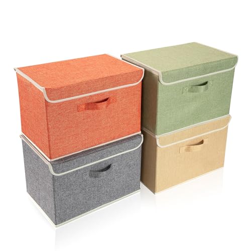 Storage Bins with Lid, Foldable Clothing Storage Box case with Handle for Books, Closet, Bedroom, Home, 4 Color Set A, 15L x 10W x 10H inch - color: 4 Color Set A, size: 15L x 10W x 10H inch