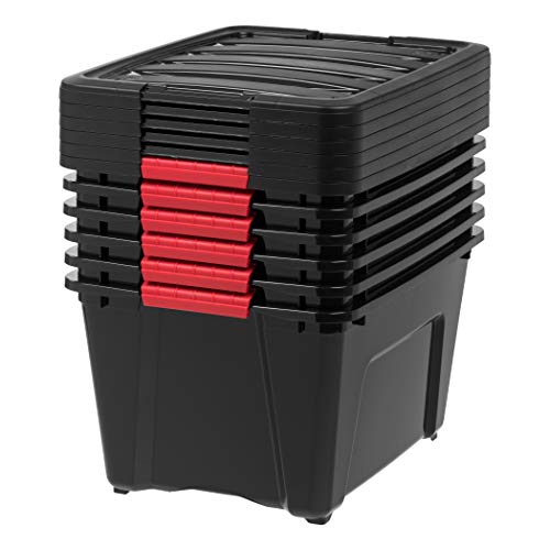 IRIS USA 32 Qt Stackable Plastic Storage Bins with Lids, 6 Pack - BPA-Free, Made in USA - Garage Organizing Solution, Latches, Durable Nestable Containers, Secure Pull Handle - Black - size: 32 Qt, style: 6 Pack