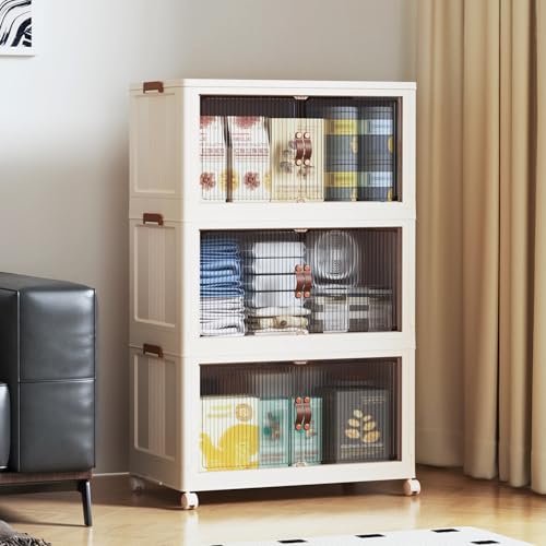 SAILUN 87Gal/348Qt Stackable Storage Bins Folding Collapsible Storage Bins with a Lid, Closet Organizers and Storage,Blush White 26" W x 17" D x 43.7" H - color: Blush White, size: 1 Lid 3 Pack-26" W x 17" D x 43.7" H