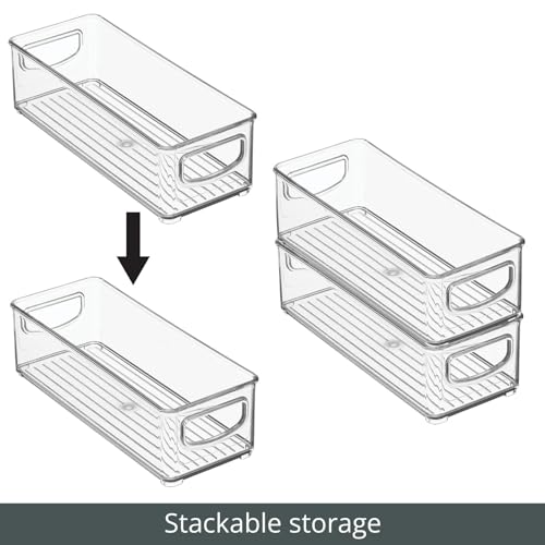 mDesign Plastic Bathroom Storage Container Bins w/ Handles - Closet, Cabinet, Vanity, Cupboard Shelf Organization, Hair Tools Accessory Organizer - Ligne Collection; Clear, 4x10x3 (Pack of 4) - size: 4 x 10 x 3 (Pack of 4)
