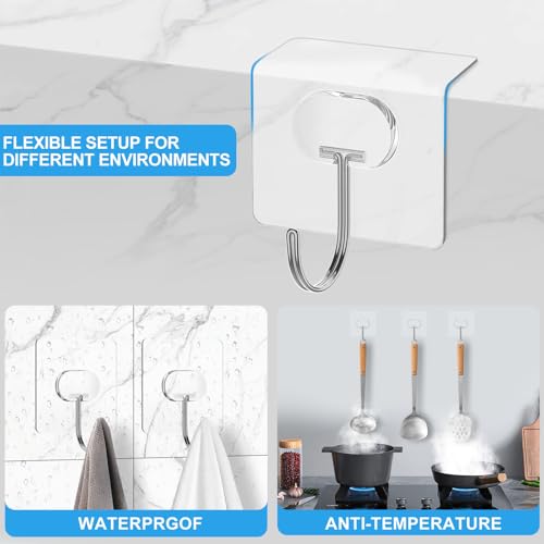 JINSHUNFA Adhesive Wall Hooks 13LB Heavy Duty No Drill Large Transparent Waterproof Hooks for Bathroom Kitchen Towel Coat 12 Pack - size: 12 Large hooks