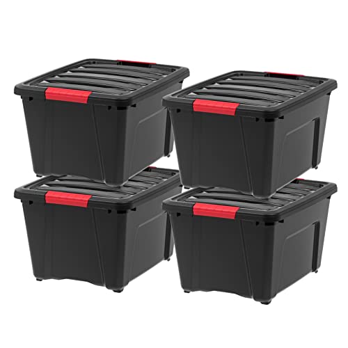 IRIS USA 30 L (32 QT) Plastic Storage Box with Lid and Latches - 4 Pack - BPA-Free, Garage Organizing Solution, Durable Nestable Stackable Containers, Secure Pull Handle - Black - size: 32 Qt, style: 4 Pack