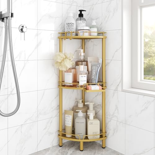 ELYKEN Corner Shower Caddy Standing, 3 Tier Rustproof Metal Shower Organizer with Soap Holder, Floor Shower Corner Shelf Rack Storage Stands with Adjustable Feet & 2 Hooks for Bathroom, Gold - color: Gold, size: 3 Tier