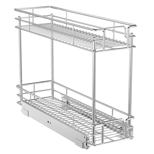 ROOMTEC Pull Out Spice Rack for Narrow Cabinet (8½" W X 21" D),2 Tier Slide Out Cabinet Organizer and Pull Out Shelves Under Cabinet Storage for Kitchen, Chrome - size: 8½" W x 21" D, 2 Tier