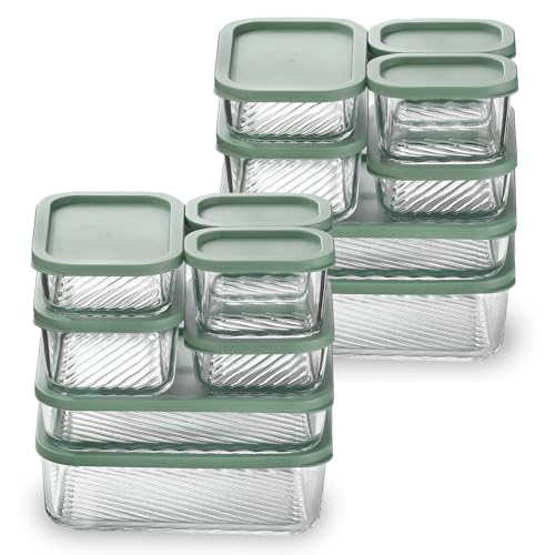EATEX 14 Pack Glass Meal Prep Containers with Grooved Base, 14 Stackable BPA Free Glass Storage Containers with Lids for Lunch, Pantry, and Kitchen - Microwave, Dishwasher Freezer & Oven Safe - Sage - color: Sage Green, size: 14 Pack