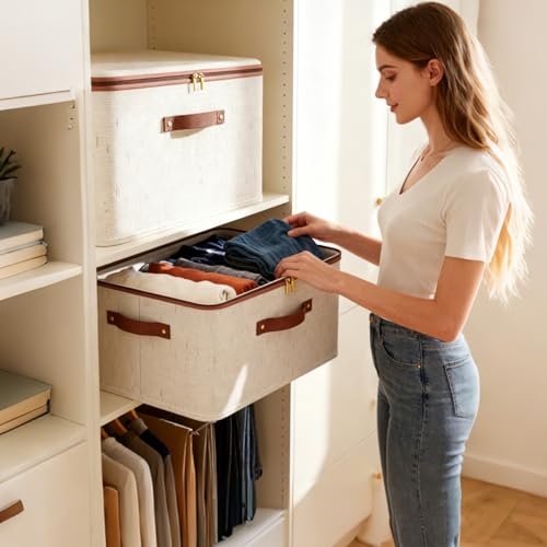 Tuza 3 Pcs Rigid Storage Bins with Zipper Lid, Cotton Linen Fabric Storage Boxes, Foldable Shelves Clothes Storage Cubes with Handles for Wardrobe, Closet(Beige, 15L) - size: M-15L