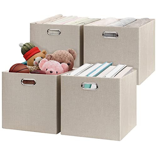 Posprica Storage Cube Basket Bins,13×13 Foldable Storage Boxes for Closet Organizer Shelf Cabinet Bookcase,Thick Fabric Drawer,Set of 4, Beige - color: Beige, size: 13×13×13/4pcs
