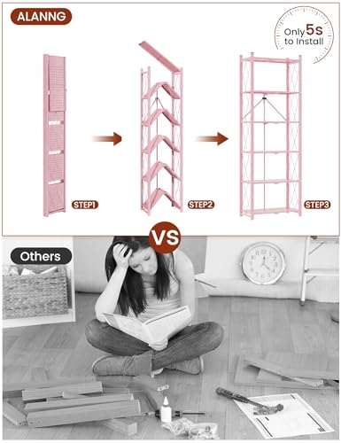 ALANNG 73.6 Inch Folding Bookshelf, 6 Tier Metal Bookcase and Bookshelves, Tall Shelves for Living Room Office Bedroom, Heavy Duty Book Shelve Free Standing Open (Pink, 1PACK) - color: Pink
