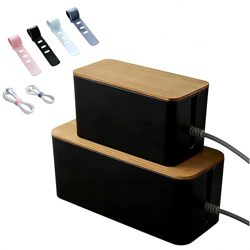 1 Large + 1 Small Cable Management Box Set – 2-Piece Cord Organizer Box, Home Office Desk Wire Storage & Cable Management Solution (Bamboo Lid/Black) - color: Bamboo Lid/Black