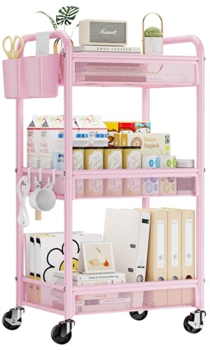 YASONIC 3 Tier Rolling Cart – Metal Utility Storage Cart with Wheels, Craft Cart Organizer with Hanging Cups, Hooks, Mesh Basket for Bedside Kitchen Office Art, Pink - color: Pink